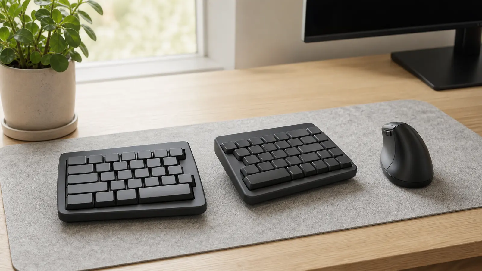 Generic split keyboard and vertical mouse arranged on a home-office desk