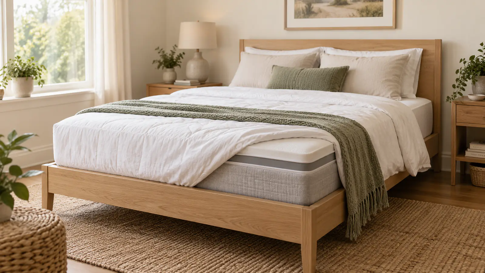 Generic layered mattress on a light oak bed in a warm neutral bedroom