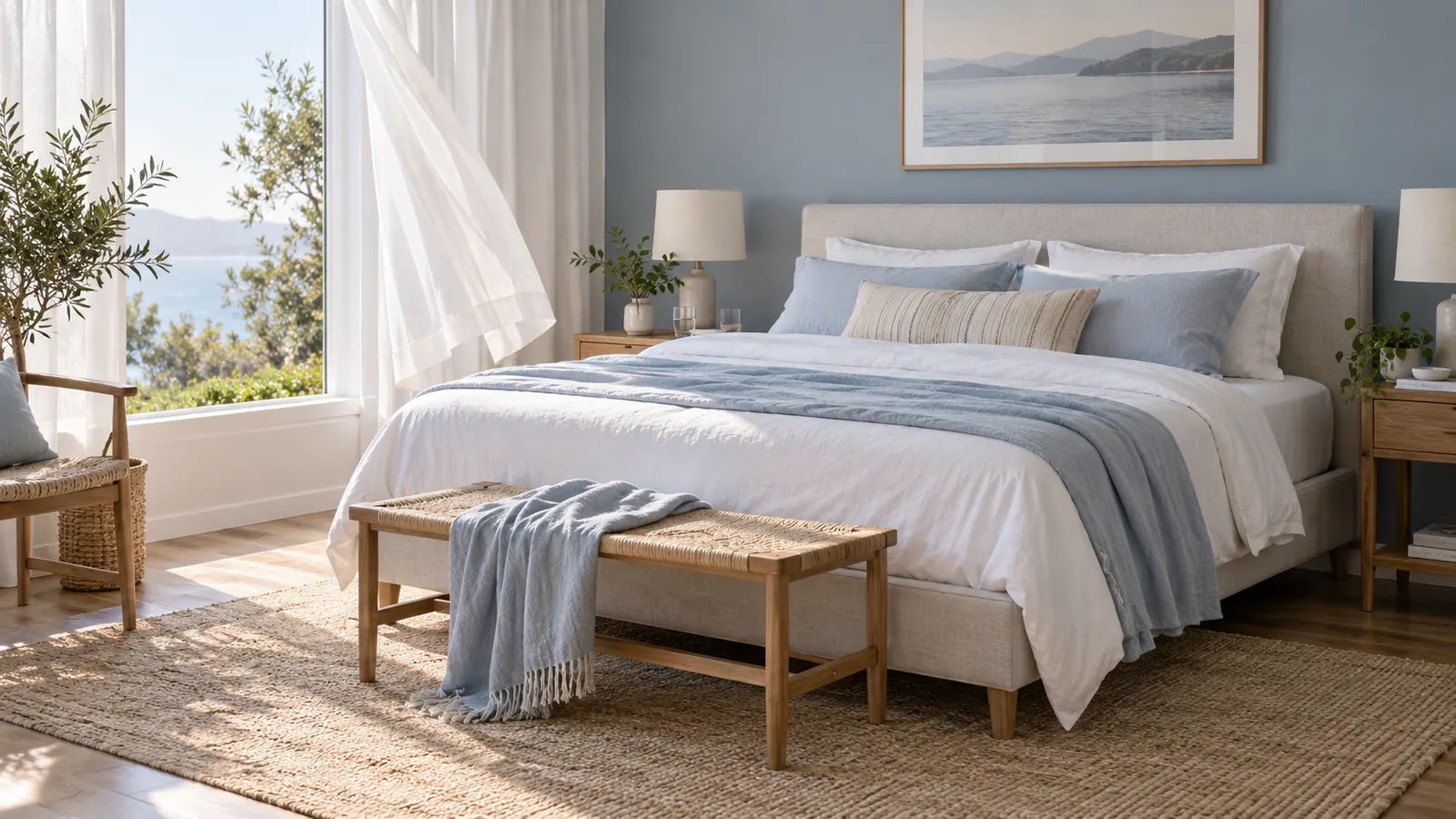 Generic mattress with breathable linen in an airy blue and white bedroom