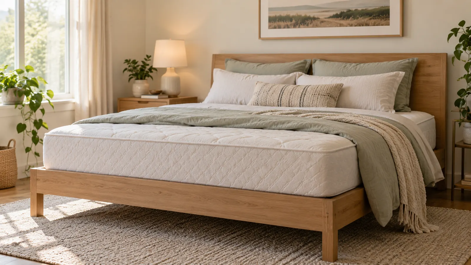 Generic layered mattress on a light oak platform bed in a sunlit bedroom