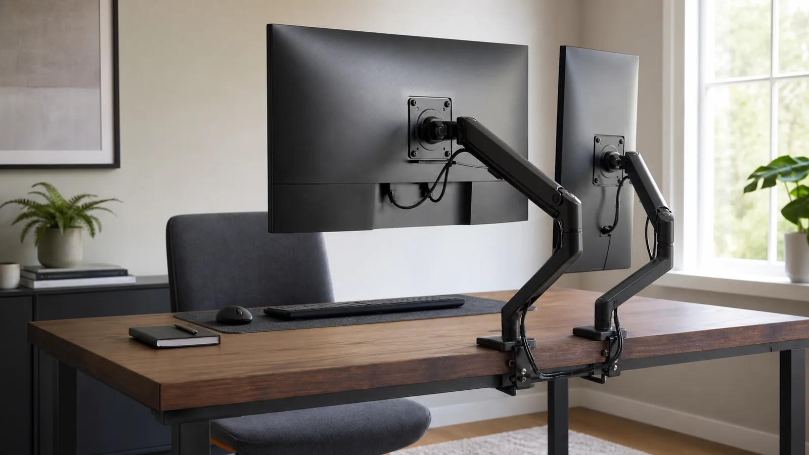 Large landscape monitor and smaller portrait monitor on separate articulated desk arms
