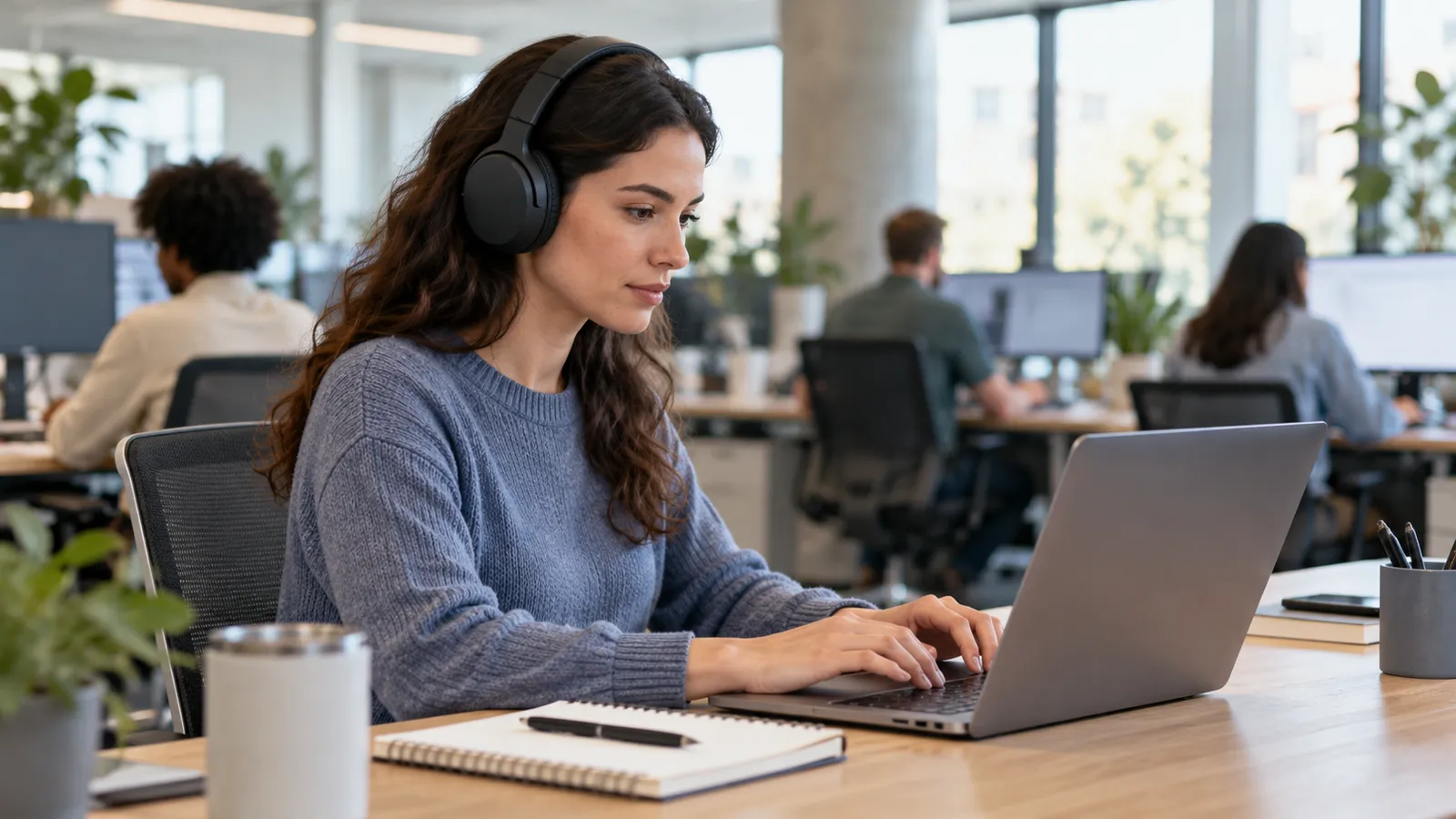 Office worker wearing generic over-ear headphones in a shared open-plan workspace