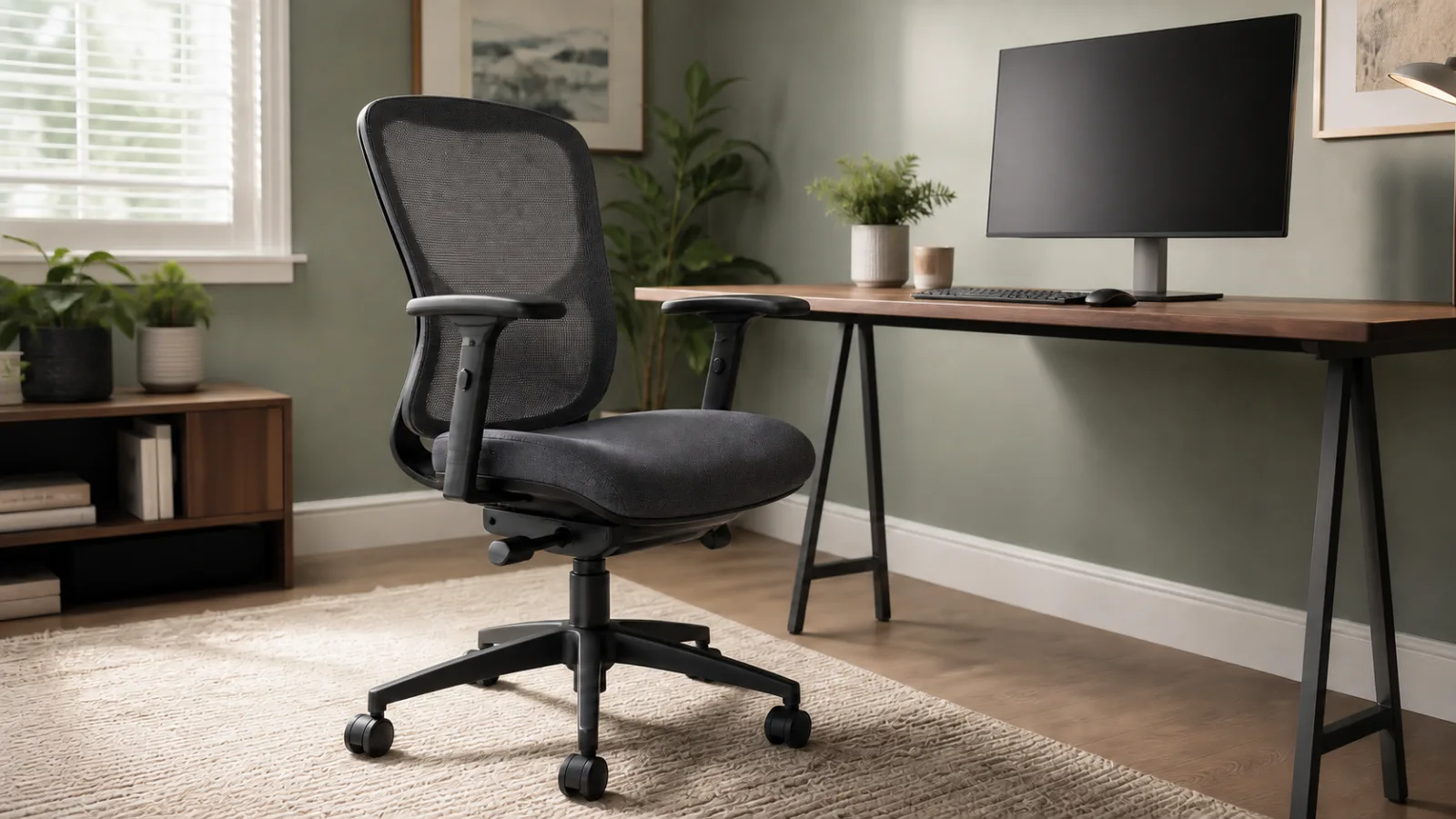 Unbranded adjustable office chair in a quiet home workspace
