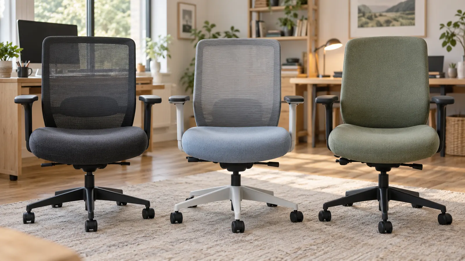 Three generic office chairs with different upholstered seat-pan shapes in a home office