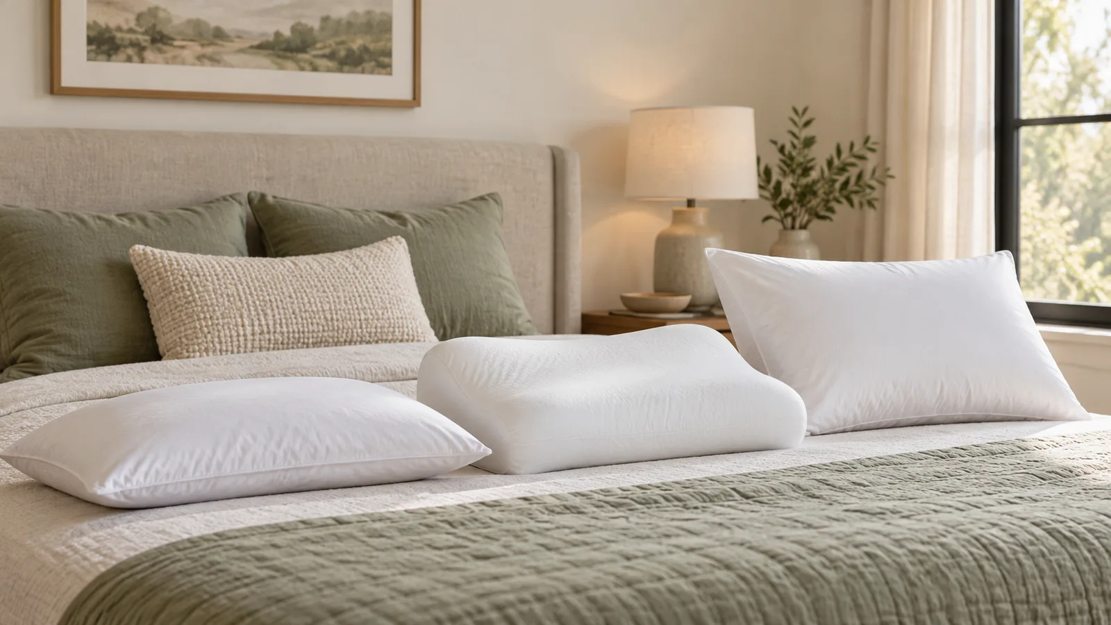 Three generic white bed pillows with low, contoured, and full profiles