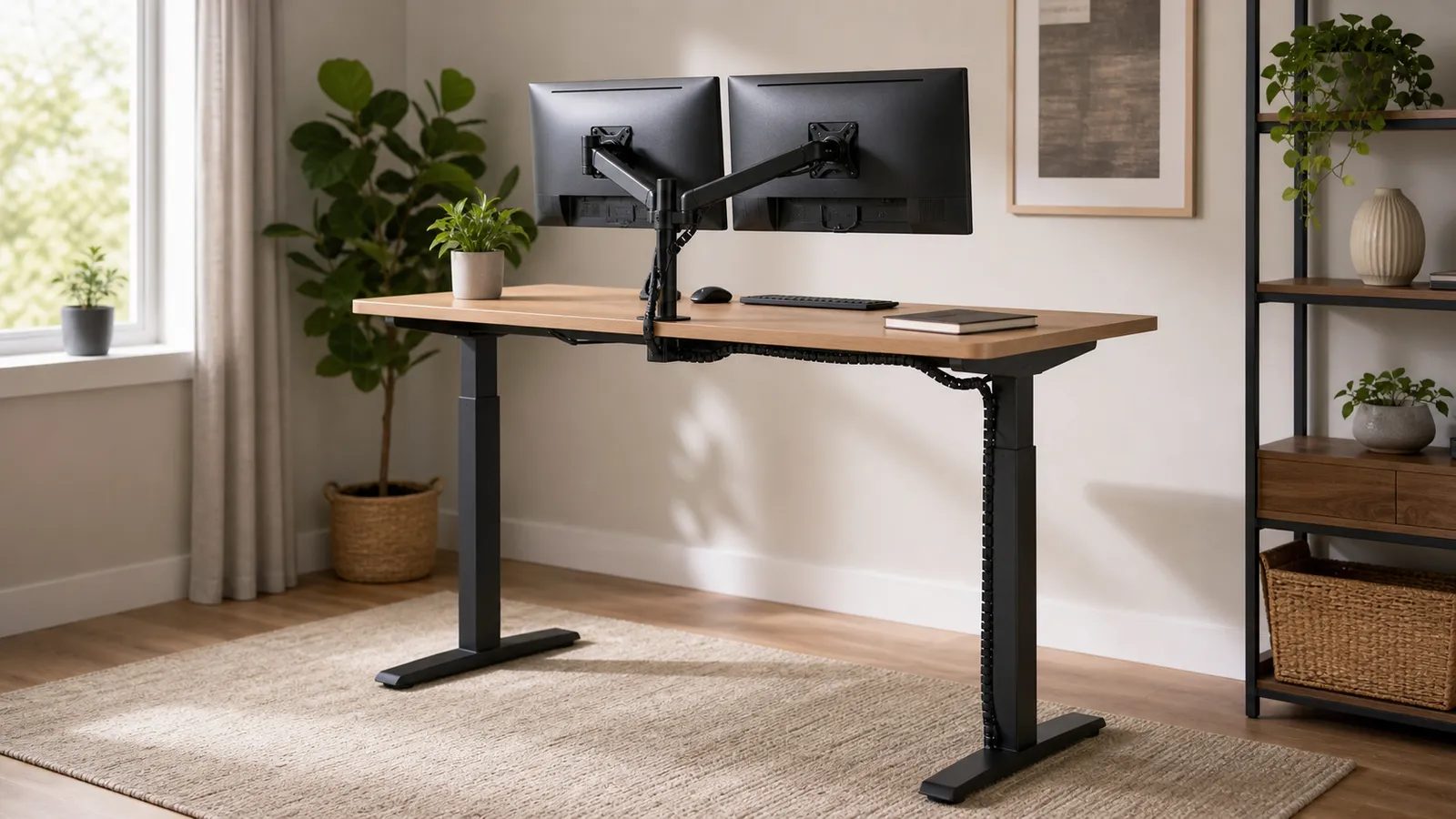 Unbranded standing desk raised with two monitors on a single arm