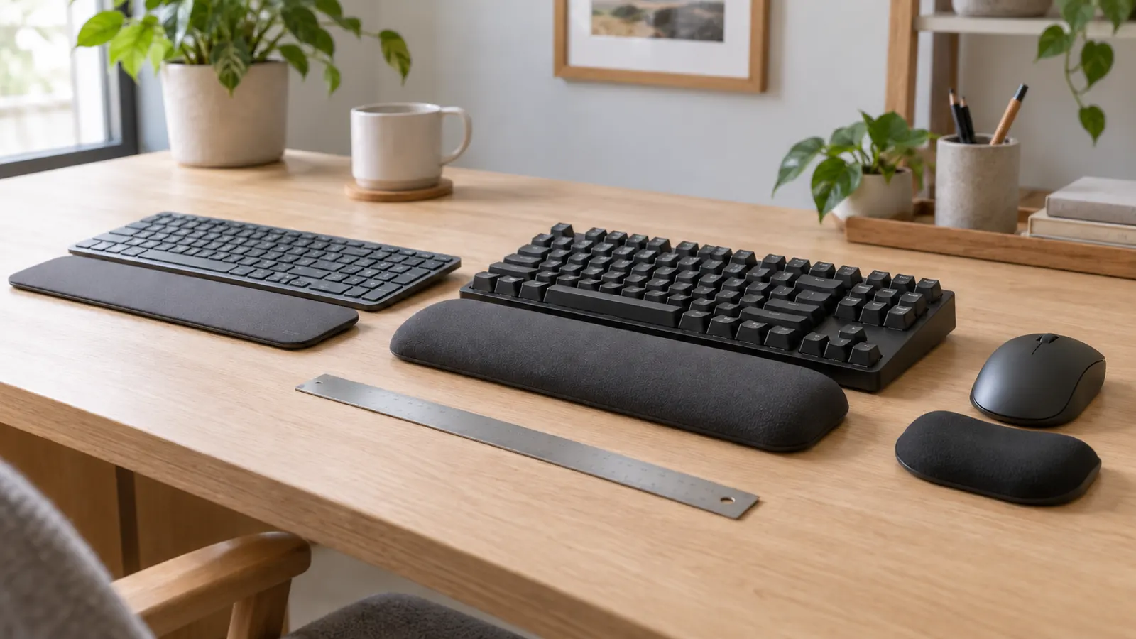 Generic low-profile and taller keyboards paired with different-height palm supports beside a mouse support and ruler