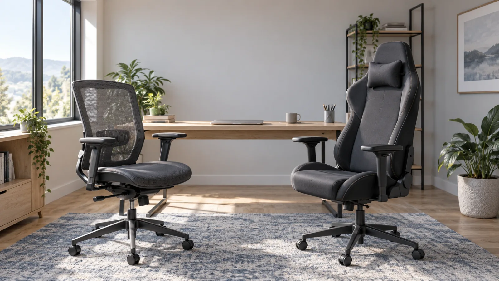 Generic mesh office chair and high-back gaming-style chair beside the same home-office desk